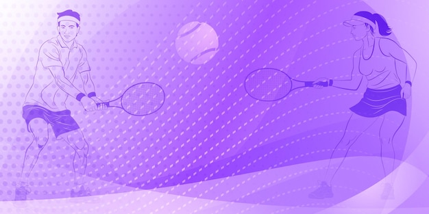 Fondo temático de tenis en tonos púrpura con curvas abstractas líneas y puntos con dos jugadores de tenis un hombre y una mujer sosteniendo una raqueta para golpear la pelota