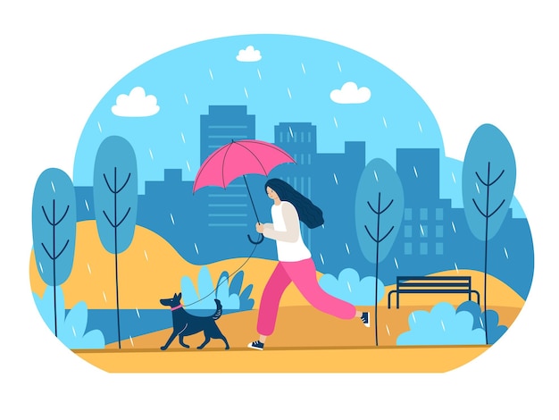 Vector fondo de temporada al aire libre personas activas caminando ini impermeable con paraguas lluvia caída en la ciudad ilustración vectorial reciente en estilo plano