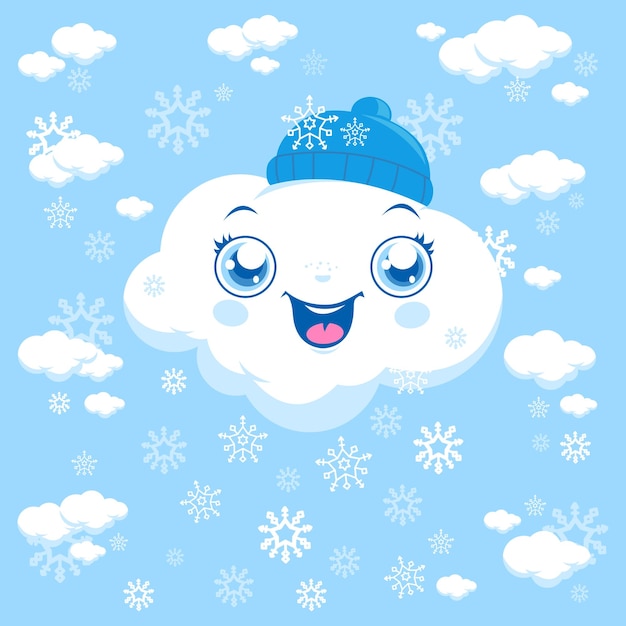 El fondo de la temporada de invierno con un personaje de nube lindo nevando el cielo de clima frío con copos de nieve