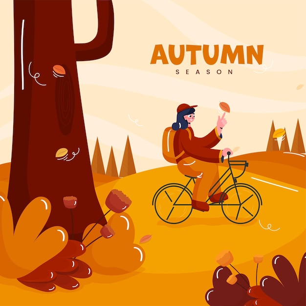 Fondo de temporada de otoño con niña montando en bicicleta Ilustración