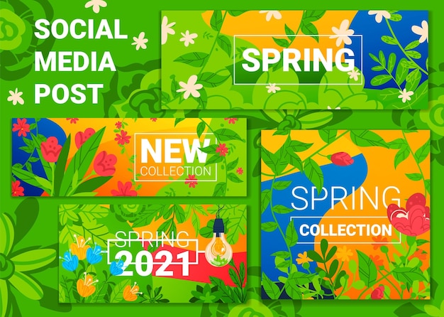 Fondo de temporada de venta de primavera banner floral verde diseño de concepto de vegetación fresca en estilo de dibujos animados