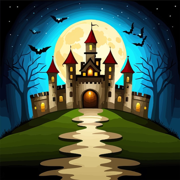 Vector fondo de terror de la escena de halloween con calabazas espeluznantes de la espeluznante mansión embrujada de halloween malvada