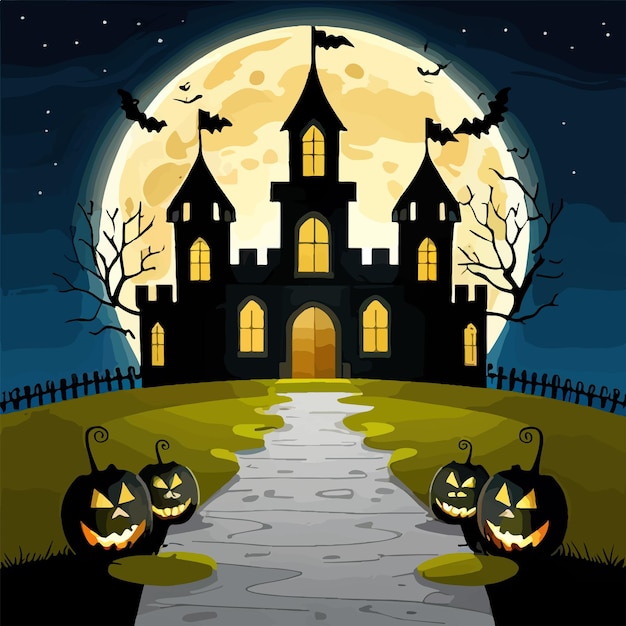 Fondo de terror de la escena de Halloween con calabazas espeluznantes de la espeluznante mansión embrujada de Halloween malvada