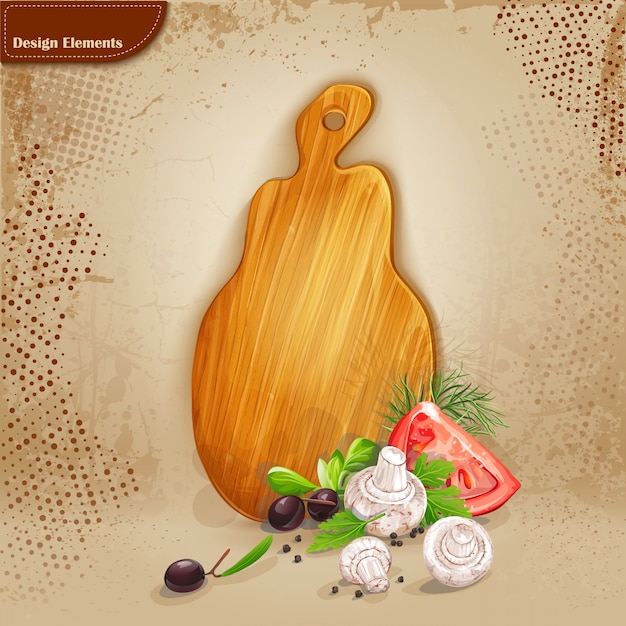 Fondo para el texto con una tabla de madera y verduras frescas.