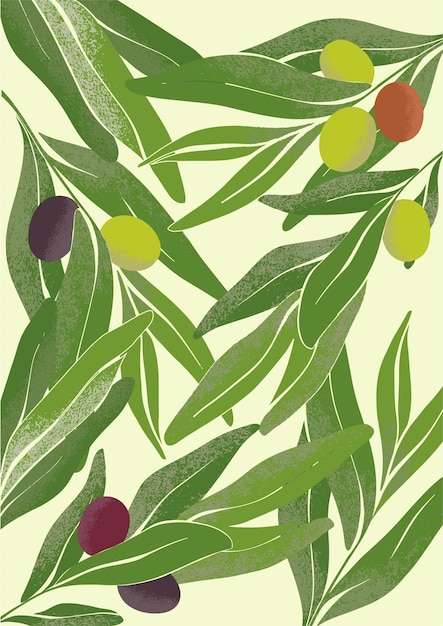 Fondo de textura colorida con ramas de olivo Aceitunas maduras en ramas verdes en estilo moderno