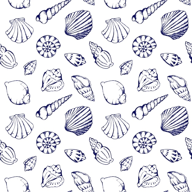Fondo de textura de patrones sin fisuras de vector de conchas de mar monocromo