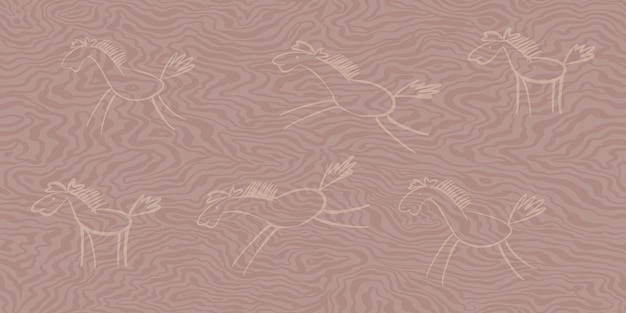 Fondo texturizado horizontal con siluetas de caballos al estilo de garabatos Telón de fondo rosa vectorial con una textura de rayas y líneas