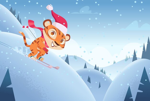 Fondo de tigre 2022 Jugando divertido tigre animal salvaje con gorra roja en la fiesta de celebración plantilla de dibujos animados de vector exacto