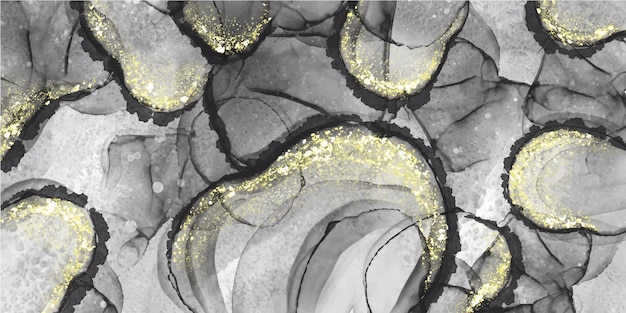 Fondo de tinta de alcohol de mármol de lujo oscuro con brillo dorado