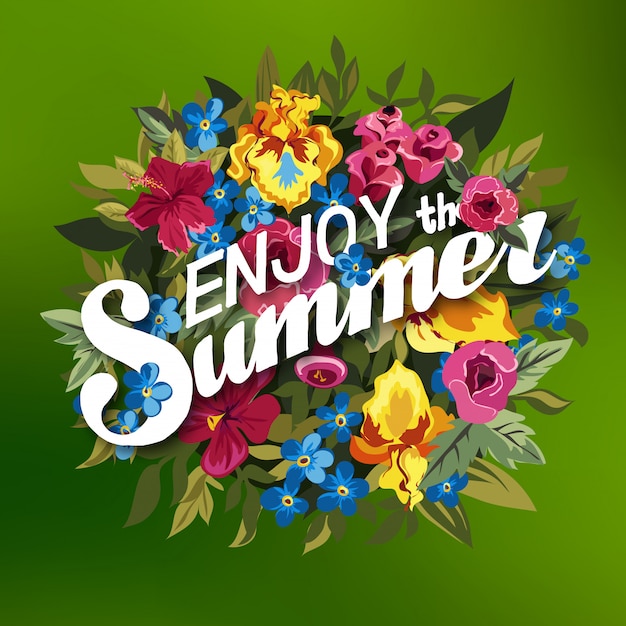 Fondo tipográfico de verano con diferentes plantas y flores.