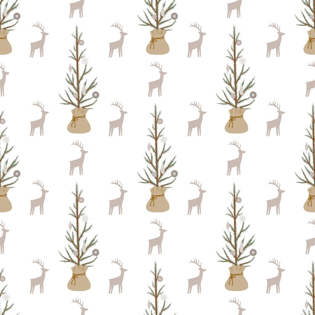 Fondo transparente con árbol de Navidad y ciervos. Patrón en estilo boho. estilo escandinavo.