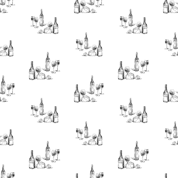 Fondo transparente de bocetos botellas de vino vasos queso y limón