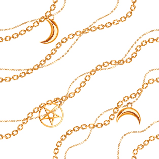 Fondo transparente con colgantes de pentagrama y luna en cadena metálica dorada.
