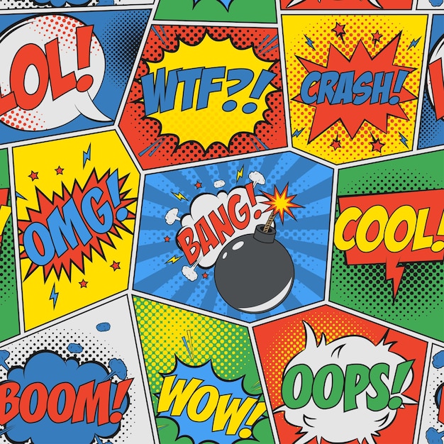 Fondo transparente de cómic Pop art retro patrón con burbujas de discurso y bomba