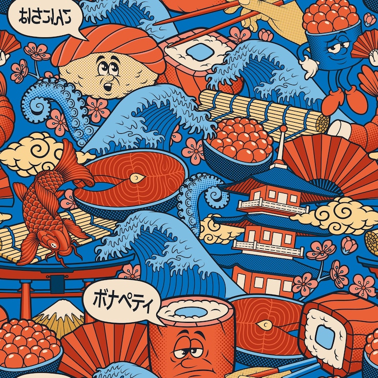 Vector fondo transparente de comida japonesa, este diseño se puede utilizar como papel tapiz para un restaurante