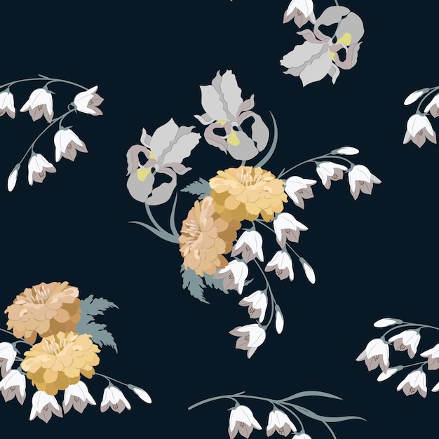 Fondo transparente con crisantemos iris y campanula sobre un fondo negro