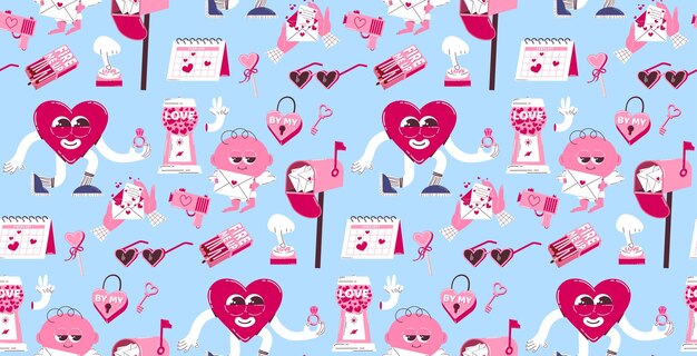 Fondo transparente para el día de San Valentín Patrón vectorial en estilo retro de los años 70 80 Cupido lindo