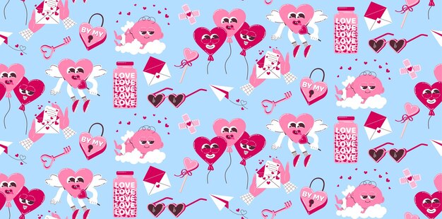 Fondo transparente para el día de San Valentín Patrón vectorial en estilo retro de los años 70 80 Cupido lindo