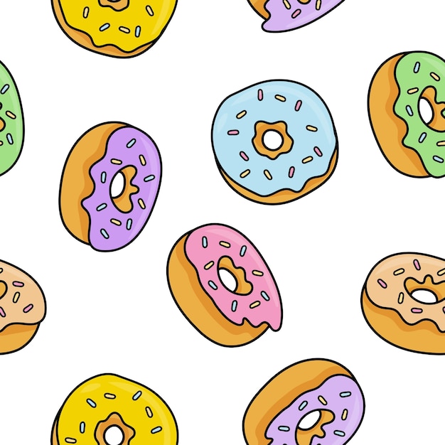 Fondo transparente dibujado a mano con donuts y chispitas de colores sobre fondo blanco