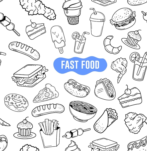 Vector fondo transparente dibujado a mano vector de doodle de comida rápida conjunto de ilustración de vector de comida rápida