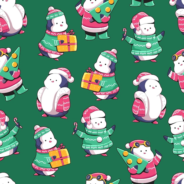 Fondo transparente de dibujos animados de pingüinos de Navidad para papel tapiz, envoltura, embalaje y telón de fondo.