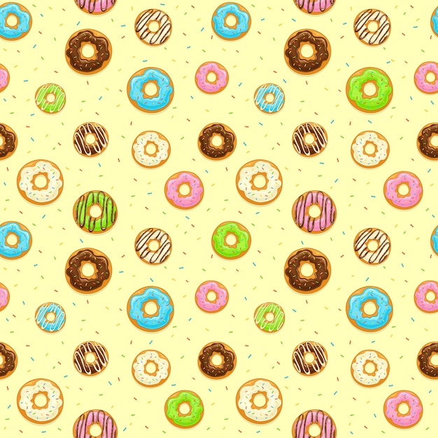 Fondo transparente con donas con glaseado y chispitas de colores sobre fondo amarillo, ilustración.