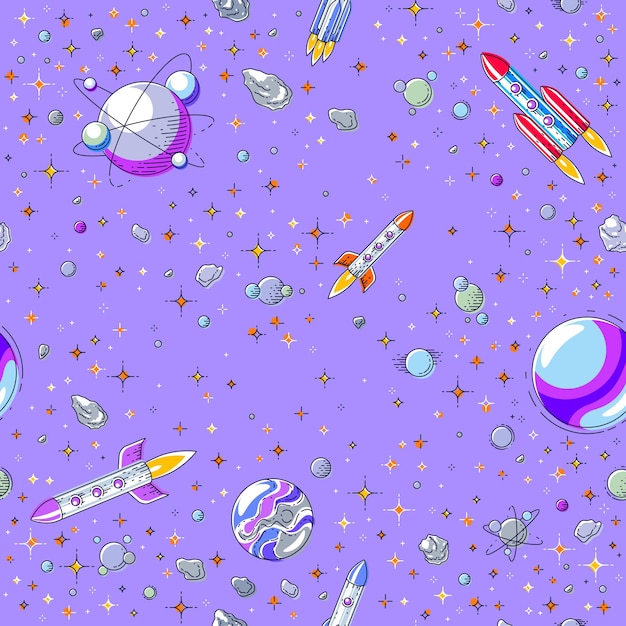 Vector fondo transparente espacial con cohetes, planetas y estrellas, tela textil fantástica e interesante de galaxias por descubrir cósmica para niños, patrón de mosaico sin fin, motivo de dibujos animados de ilustración vectorial.