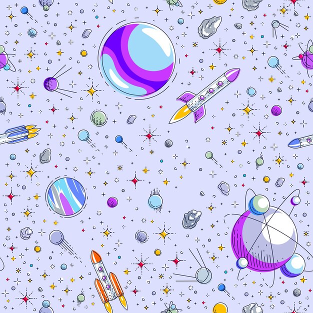 Vector fondo transparente espacial con cohetes, planetas y estrellas, tela textil fantástica e interesante de galaxias por descubrir cósmica para niños, patrón de mosaico sin fin, motivo de dibujos animados de ilustración vectorial.