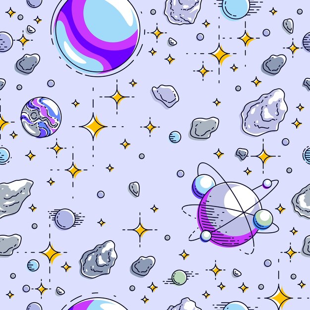 Fondo transparente del espacio con planetas, estrellas, asteroides y cometas, tela textil fantástica e interesante de galaxias por descubrir cósmica para niños, patrón de mosaico sin fin, ilustración vectorial.