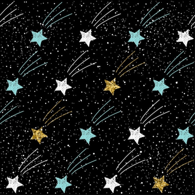 Fondo transparente de la estrella del Doodle. Estrella dorada, azul y blanca. Patrón de estrella infantil abstracto para tarjeta de Navidad, invitación de año nuevo, álbum de boda, libro, álbum de recortes, tela textil, ropa, camiseta.