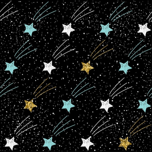 Vector fondo transparente de la estrella del doodle. estrella dorada, azul y blanca. patrón de estrella infantil abstracto para tarjeta de navidad, invitación de año nuevo, álbum de boda, libro, álbum de recortes, tela textil, ropa, camiseta.