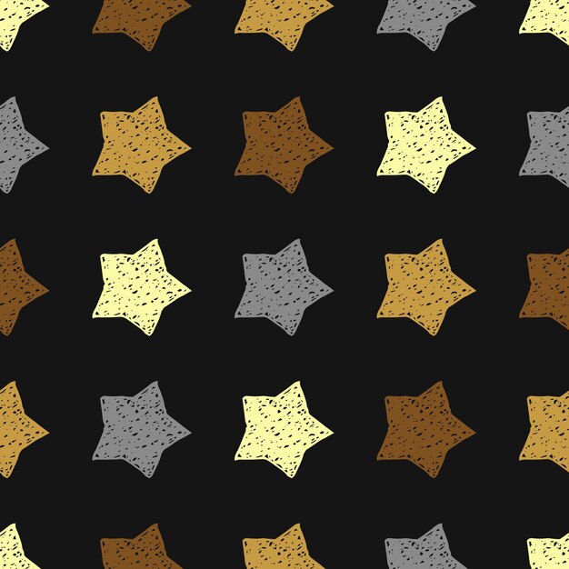 Fondo transparente de estrellas de doodle. Estrellas dibujadas a mano amarillas y gret sobre fondo negro. Ilustración vectorial
