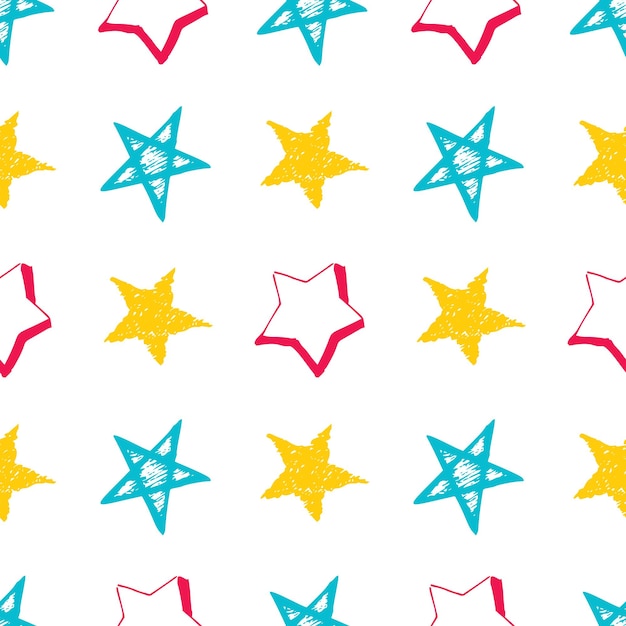 Fondo transparente de estrellas de doodle. Estrellas dibujadas a mano multicolor sobre fondo blanco. Ilustración vectorial