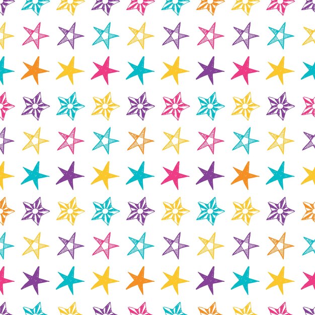 Fondo transparente de estrellas de doodle. Estrellas dibujadas a mano multicolor sobre fondo blanco. Ilustración vectorial