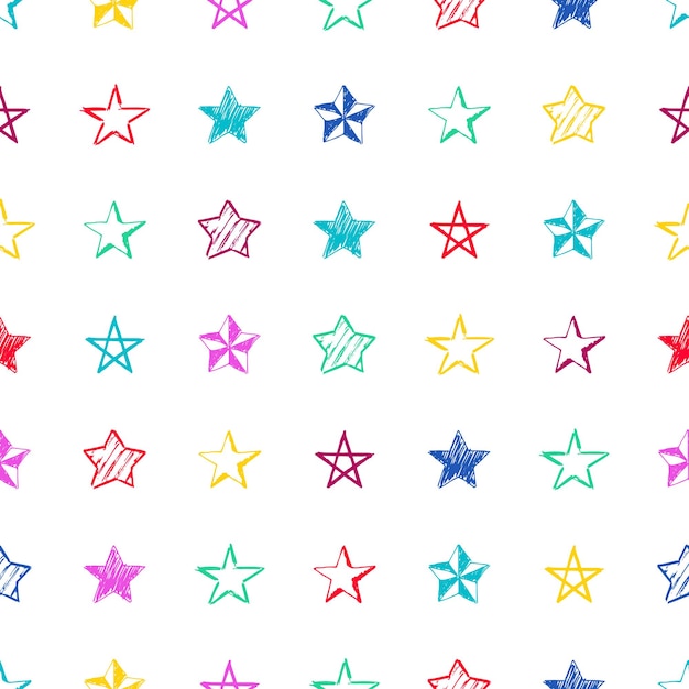 Fondo transparente de estrellas de doodle. Estrellas dibujadas a mano multicolor sobre fondo blanco. Ilustración vectorial