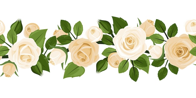 fondo transparente horizontal con rosas blancas capullos de rosa y hojas en blanco