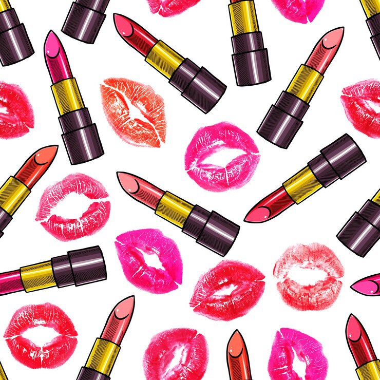Vector fondo transparente de lápices labiales de diferentes colores y estampados de labios. ilustración dibujada a mano