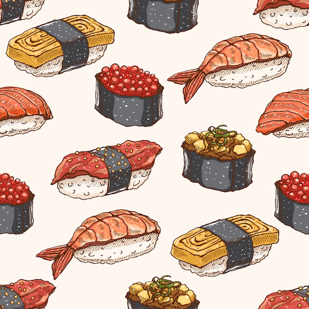 Fondo transparente lindo fondo con deliciosa variedad de sushi dibujado a mano