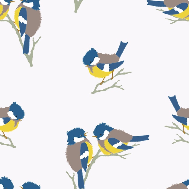 Vector fondo transparente de lindos pájaros titmouse de dibujos animados sentados en las ramas