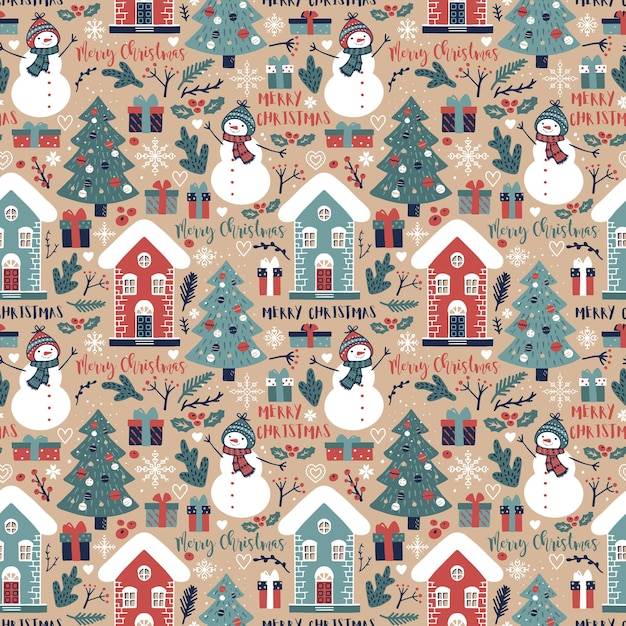 Fondo transparente de navidad con árbol de navidad muñecos de nieve casas de invierno y letras feliz navidad