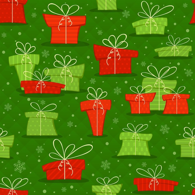 Fondo transparente de Navidad con coloridos regalos y copos de nieve sobre fondo verde. La ilustración se puede utilizar para fondos, envoltorios, tarjetas navideñas, vacaciones para niños o diseño de ropa.