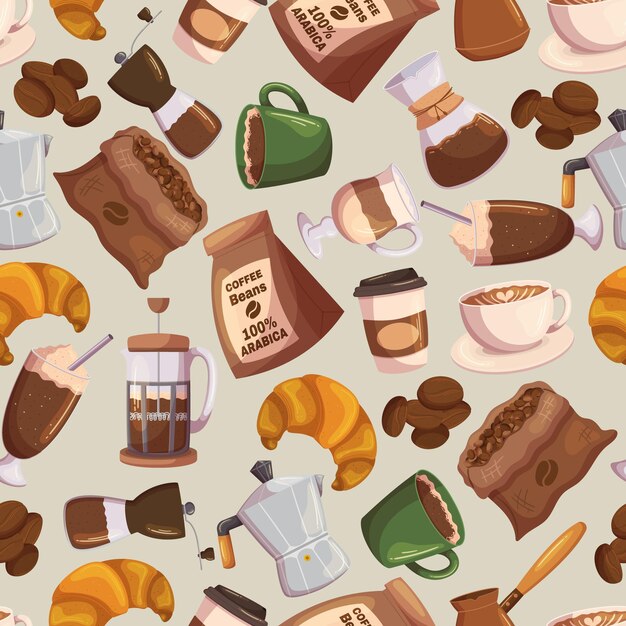 Fondo transparente con paquete de granos de café o máquina de café Cezve de saco y taza desechable de cartón de croissant