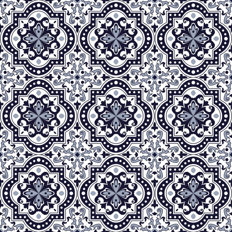 Fondo transparente, patrón de caleidoscopio cuadrado de curva redonda de tono azul vintage.