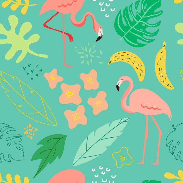 Fondo transparente de primavera y verano con flamencos, plantas tropicales, hojas, flores para patrón, pancarta, tarjeta de felicitación, póster, portada. Ilustración vectorial