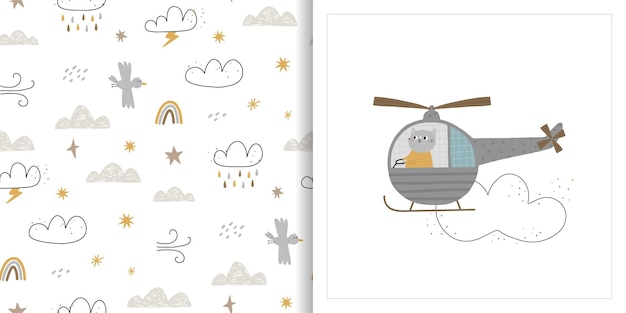 Fondo transparente y tarjeta con un lindo gato en un helicóptero viajes y aventuras