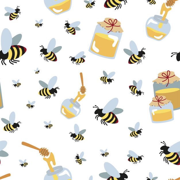 Fondo transparente de tarros de miel dulce y abejas sobre un fondo blanco. insectos de miel no coincidentes, una cuchara para miel y tarros de miel. patrón de vector en estilo de dibujos animados para apiario o embalaje.