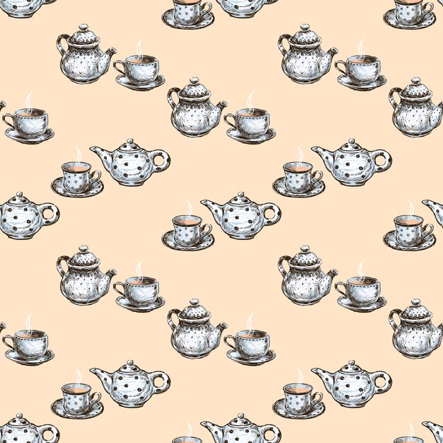 Fondo transparente de teteras y tazas de té de porcelana dibujada