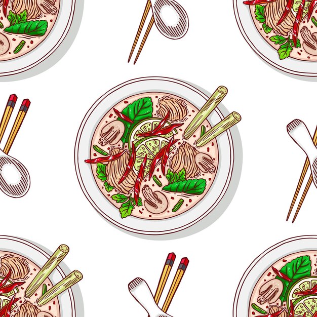 fondo transparente de tom kha. apetitosa sopa tradicional tailandesa con pollo. Ilustración dibujada a mano
