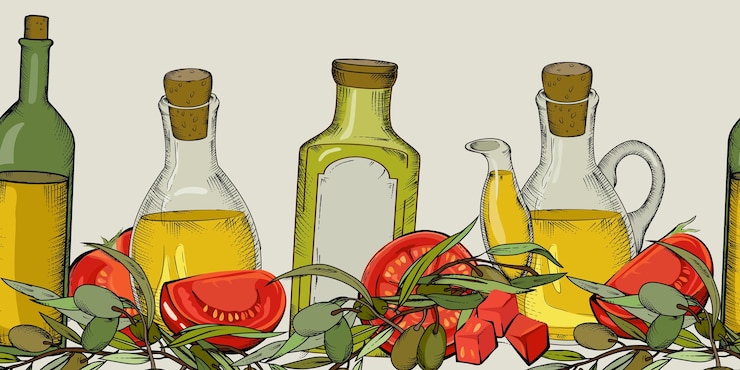 Vector fondo transparente con tomate de aceitunas y aceite de oliva en vector de botellas