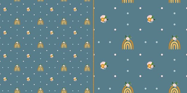 Fondo transparente de vector dibujado a mano para niños con arco iris lindo sobre fondo azul Textura infantil en estilo escandinavo para tela textil ropa decoración de vivero Ilustración vectorial